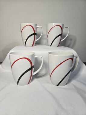Corelle Coordinates Fine Line Mugs with Red and Black Swirl - Set of 4